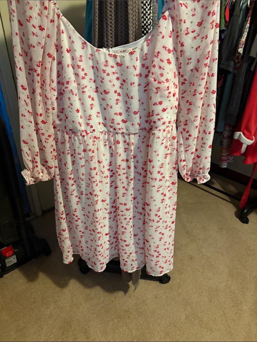 miami White Dress with Red Floral Print, Long Sleeve size xl